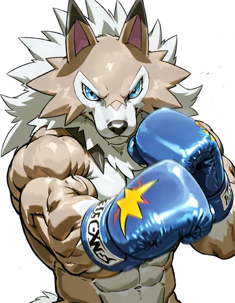 midday lycanroc, digimon (creature), high quality, male, solo, white background, no background, looking at viewer, posing, half body, very muscular, wearing blue boxing_gloves, pov_boxing, boxing posture, boxing stance, front view, blue eyes, bulging muscl...