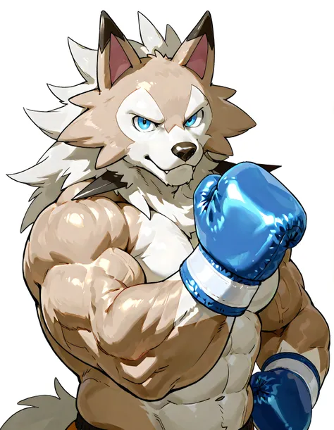 midday lycanroc, high quality, male, solo, white background, no background, looking at viewer, posing, half body, very muscular, wearing blue boxing_gloves, pov_boxing, front view, blue eyes, (thick arms, heavweight body), big muscles