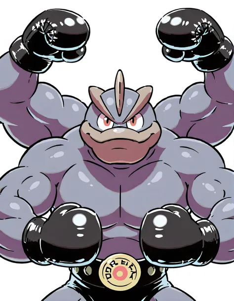machamp, high quality, male, solo, white background, no background, looking at viewer, posing, half body, very muscular, wearing black boxing_gloves, boxing gloves, pov_boxing, front view, four arms, flexing, heavyweight body, thick arms, bulging muscles