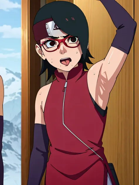 Sarada Uchiha,human woman with fair skin. She is a r with black eyes and red clothing. Her hair is black in color; She is beautiful.Wearing red rimmed glasses.Tsundere face. Pink eye shading,mature appearance,armpits,sweat,sweaty,sweaty armpits,arms up,s...