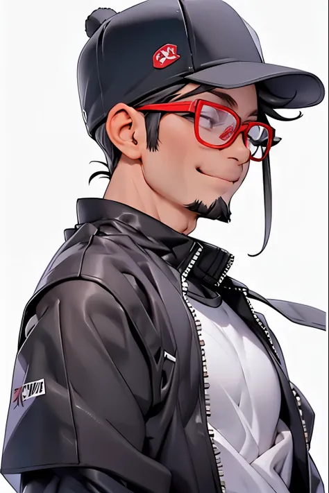  male、 Smile 、Glasses、 face up、Very Short、black baseball cap、profile、white simple clothes、black short beard、