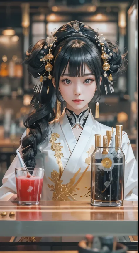 wedding photo of a Japanese female robot in her mid-twenties， Geisha Makeup and Hairstyles , Mechanical Maiden has shiny white and silver translucent glass It is made of plastic, silver metal interior body,  Sparkling Gold Circuits 。long black hair gathere...