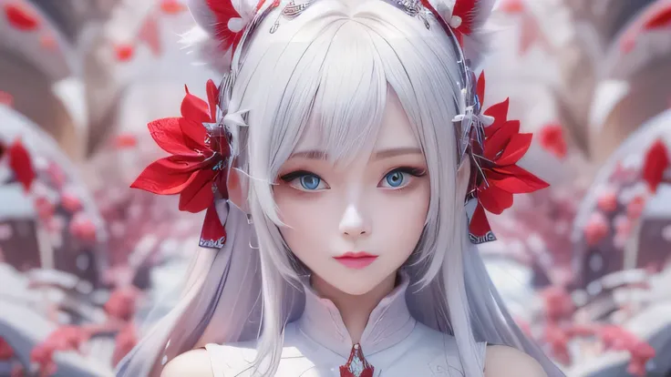 艺术背景artistic germ. High Detailed Texture , panoramic ,1 girl,Blur red petals and graphic fusion, with only one character:1.5,Only one horse:1.4,plump woman,beautiful young woman with white conceptual dress with white high slit dress,cloak,hood, riding a w...