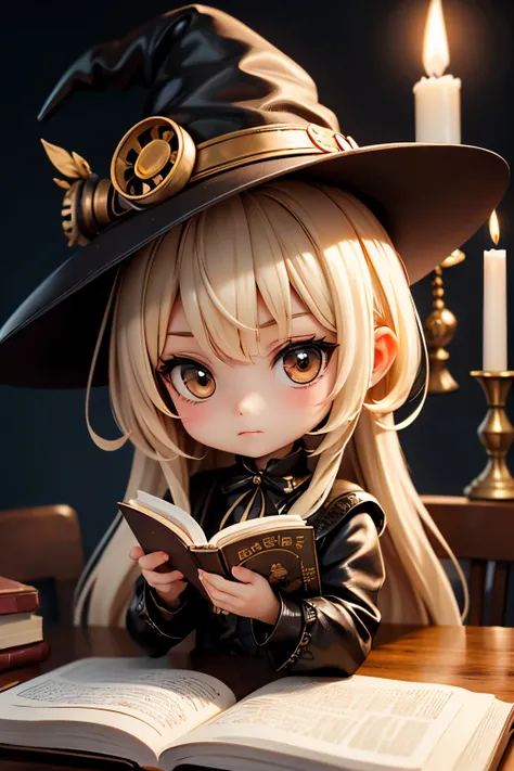 (TOP QUALITY:1.2)。steampunk。one girl。 Little cute witch 。( chibi:1.3)。an unidentified shadow is looking at me、I'm reading a thick book relying on candlelight。From the dark behind、on the old table。