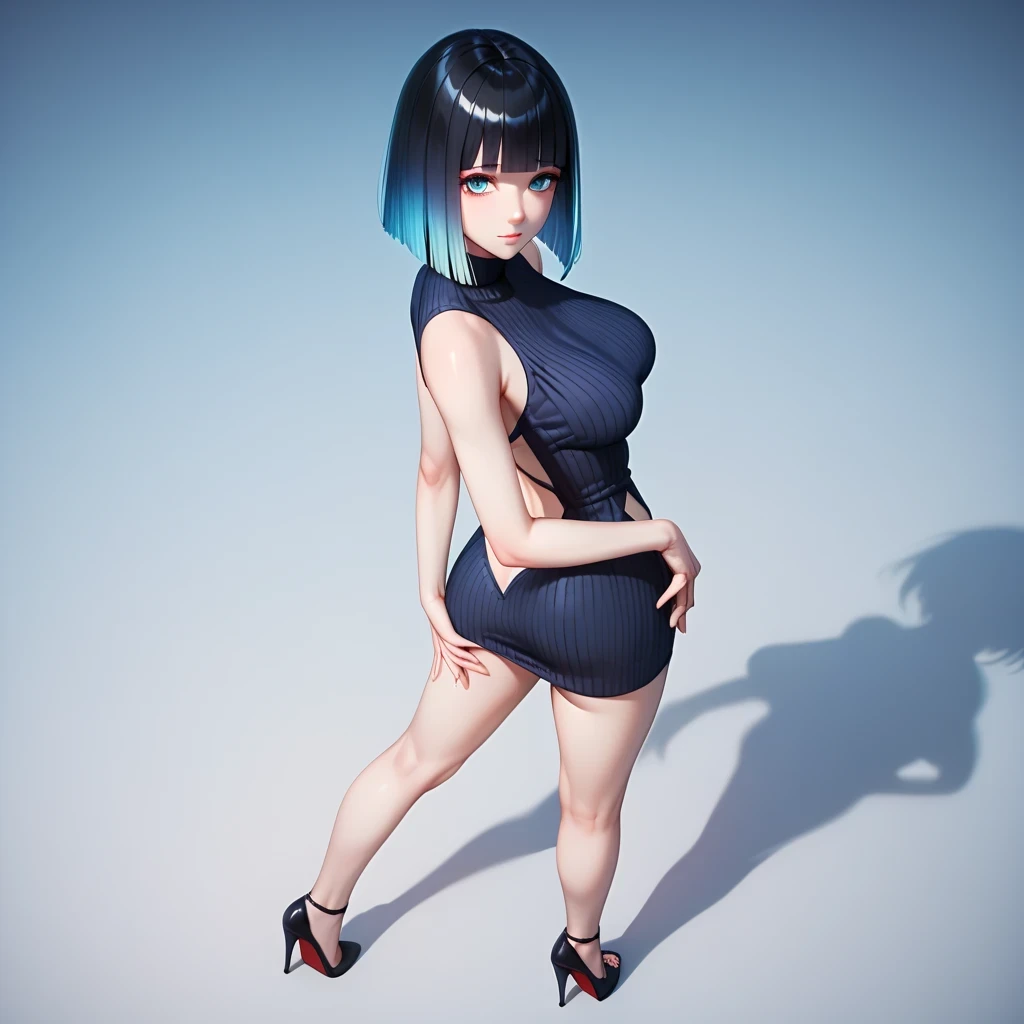 hand on own ass, ((pastel blue black, hair, gradient hair ), best quality 、 Masterpiece、( professional lighting )、  surreal、( wearing high heels) ,(Nipples:0.65), Charming、 slender supermodel 、 one adult female , (full body, (Head-to-toe shot:1.4), full bo...