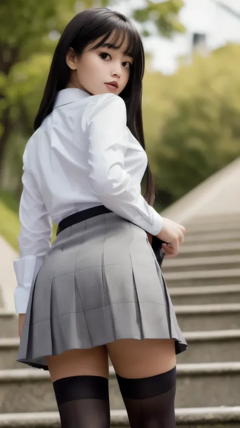 ((Emphasize the absolute territory)) A photorealistic masterpiece of a beautiful Japanese schoolgirl, 20 years old, in a Japanese school uniform featuring a crisp white shirt and a black and gray checkered micro mini skirt paired with black thigh-high stoc...