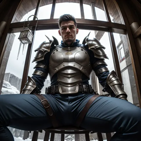 Age 25、 1 Man、short hair、Gatekeeper、Armor costume 、In front of the gate 、icicle、 grey slim pants、Menacing look　 upper body up、 as seen from below。 sit with legs open、