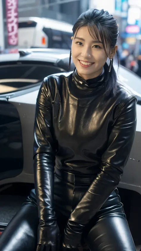 ( Shiny black leather rider's jacket:1.2), Dark room office, Black leather gloves on the fingertips of both hands,Wearing black leather gloves,Sitting in a black leather chair、 Japanese new female ( black leather gloves covering both hands :1.4) (Long boot...