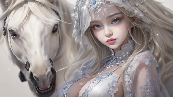 艺术背景artistic germ.  High Detailed Texture ， panoramic ，1 girl，plump woman，plump woman，Beautiful Young Woman with White Concept Dress and White High Slit Dress，cloak，hood， riding a white horse ，（Templar style），Red Cross tattoo，White princess hair，Sculpted b...