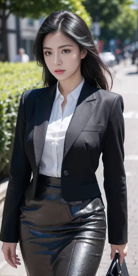 black hair, Surrealism, 8k, super detail, UHD, masterpiece, ccurate, anatomically correct, textured skin, super detail, high details, high quality, best quality, 8k，Beautiful woman，(business outfit:1.5)，Outdoor