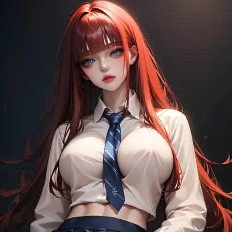 ((Thick dark hair ))、(red inner hair ), best quality 、 Masterpiece、( professional lighting )、 surreal、 ,(Nipples:0.65), Charming、 slender supermodel 、 one adult female , (wide shot, between breasts, look at viewer), (slightly larger breasts, midriff peek )...