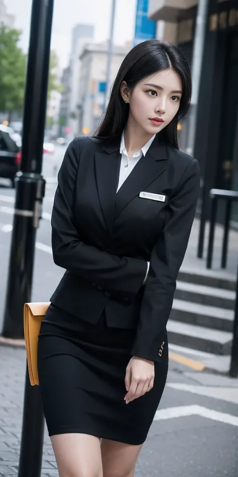 black hair, Surrealism, 8k, super detail, UHD, masterpiece, ccurate, anatomically correct,  super detail, high details, high quality, best quality, 8k，Beautiful woman，(business uniform:1.5)，Outdoor