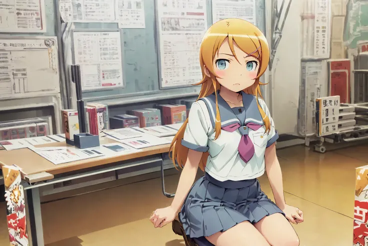 Kirino Takasaka,aakirino , long hair, hairclip, school uniform, grey sailor collar, purple neckerchief, white shirt, short sleeves, pleated skirt, grey skirt
