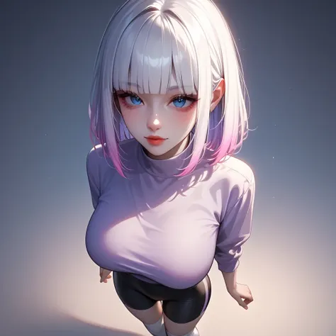 ((pastel purple White hair, gradient hair ),top quality、 ( professional lighting without shadows )、 surreal, is fascinating、 figure like a slender supermodel、 1 girl, ( (full body, (Head-to-toe shot:1.4), full body shot, from front, from above), ( very big...