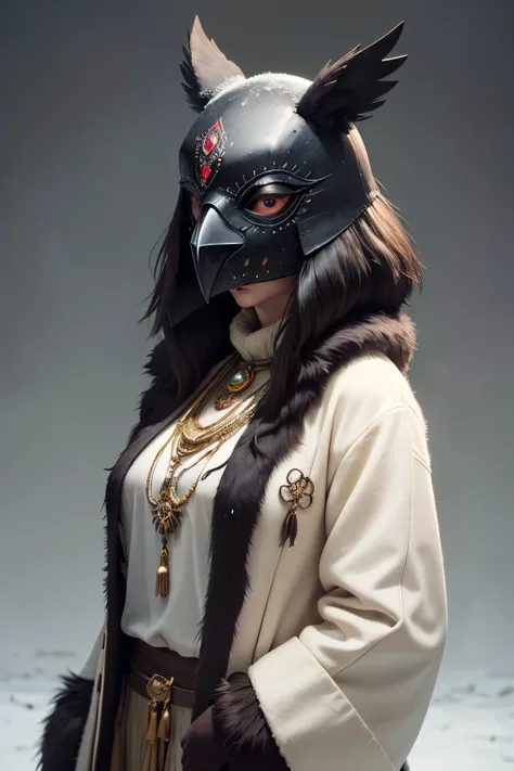 The young woman wears a creepy crow-mask made of white bone (hidden upper face), she is an east-european shaman, she wears a middle-age vest and a pelt coat, and pelt outfit, she wears indiginous east-european jewellery and a lot of gold jewellery, masterw...