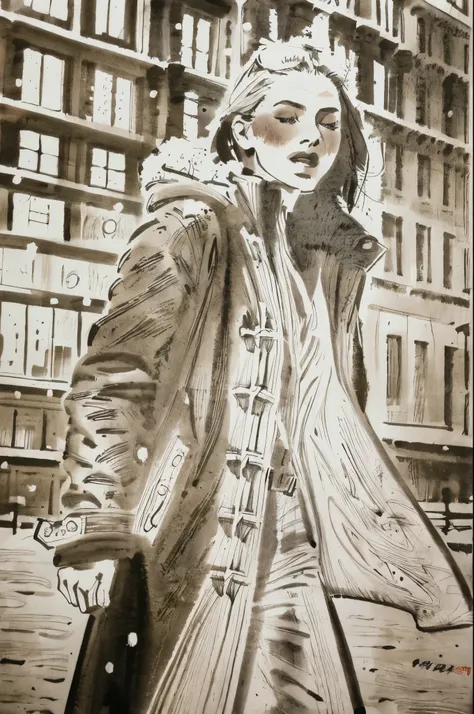 black and white tones, masterpiece, best quality, tradition chinese ink watercolor paintings, use thick and light inks to create light and dark changes and layers, a beautiful 20s russian model, ultra detailed face
