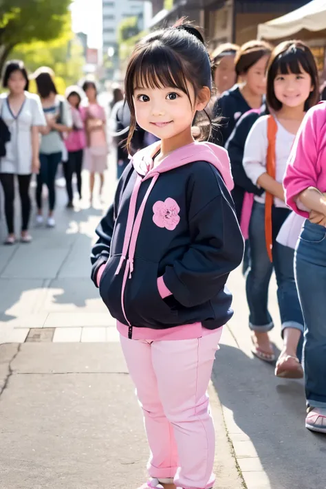  little young girl,black hair , elementary school student, pink hoodie,jeans,ponytail ,Bon Odori,Summer Festival,morning, tight pants ,Standing in line,yukata,chubby