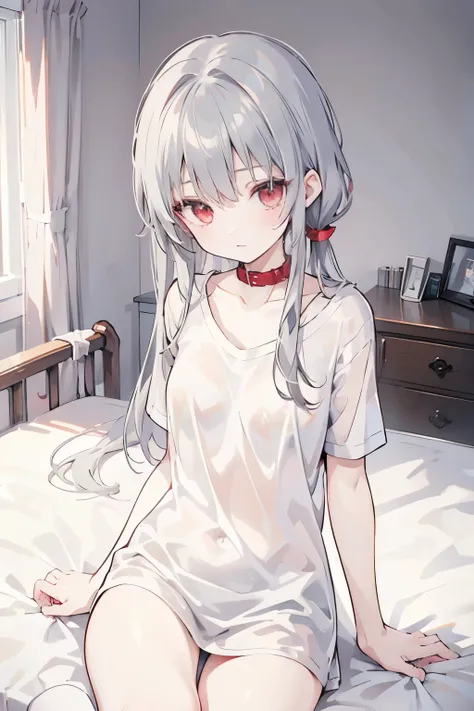 girl　young　 slim　 Gray hair　red eyes　 turn red　In a collar　naked t-shirt　thin　on the bed