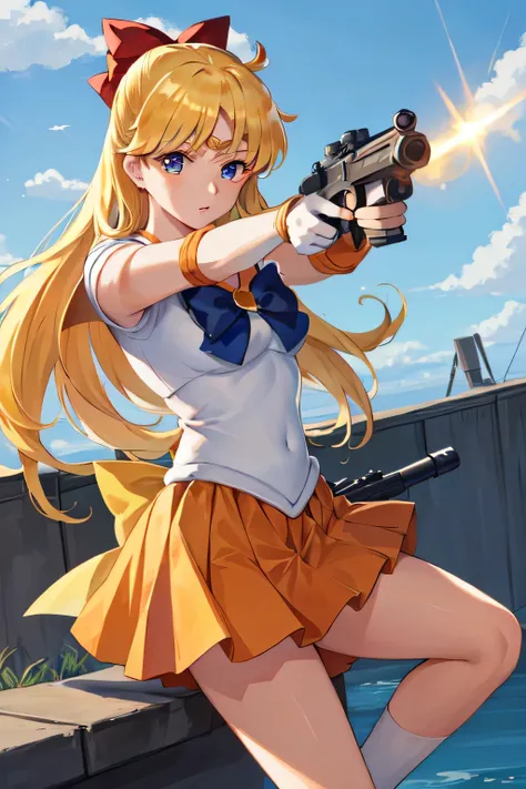  Masterpiece,  top quality,  Ultra Detailed, 8K, Anime, 1 girl, Sailor venus, weapon, holding gun, Aim for, (aiming at viewer), sv1, sailor senshi uniform, orange skirt, red bow, Battlefield Background