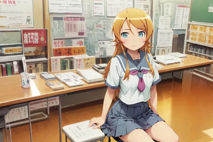 Kirino Takasaka,aakirino , long hair, hairclip, school uniform, grey sailor collar, purple neckerchief, white shirt, short sleeves, pleated skirt, grey skirt