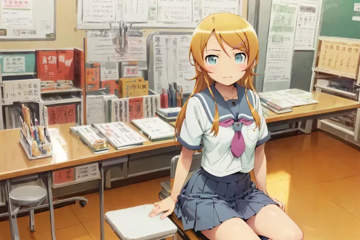 Kirino Takasaka,aakirino , long hair, hairclip, school uniform, grey sailor collar, purple neckerchief, white shirt, short sleeves, pleated skirt, grey skirt