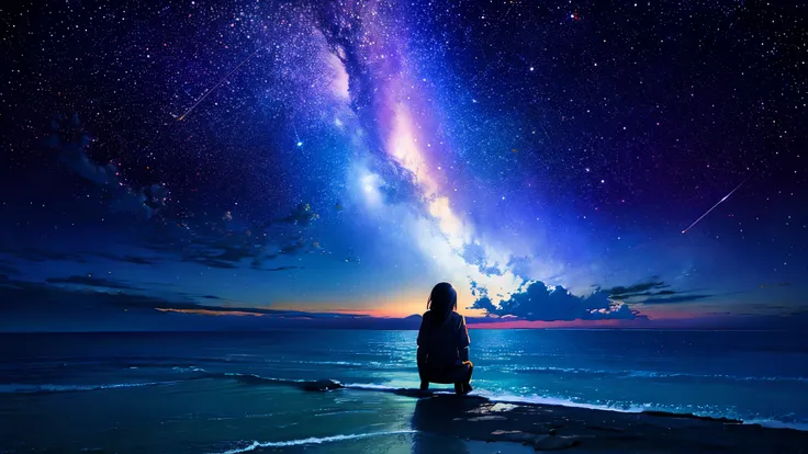 超HD, HD, high quality ,壮観なscenery,octans, null, 満天の星null, scenery, 星ry null,  night , 1 girl,  night null,  shooting star, cloud, The Milky Way that covers the whole sky, 海に夜nullが映っている, sitting, tree,  long hair,  silhouette , A lot of plankton is shining ...