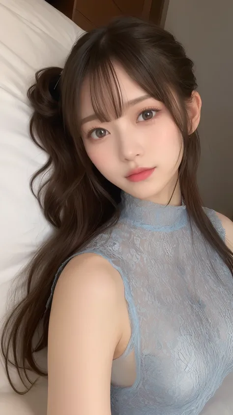 (High neck lace outfit、 rich breasts、 sexually arouses、Put your legs out of the lace skirt、 very thin waist、 bed、Lying down:1.2、Overhead Shots:1.2、 taken from directly above 、sleep)、(Age 19、 beautiful and detailed eyes、no makeup)、(TOP QUALITY、masterpiece:1...