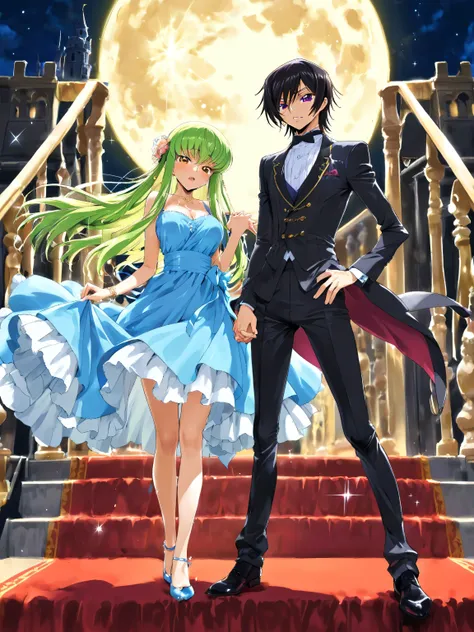 ((猫耳とゴーグルのLelouch and C.c.on the castle terrace where the full moon shines:1.2)),shedding tears、Lelouch and C.c.Based on the world view of、on the castle terrace where the full moon shines。Lelouch is wearing a black suit、The contrast between light and shado...