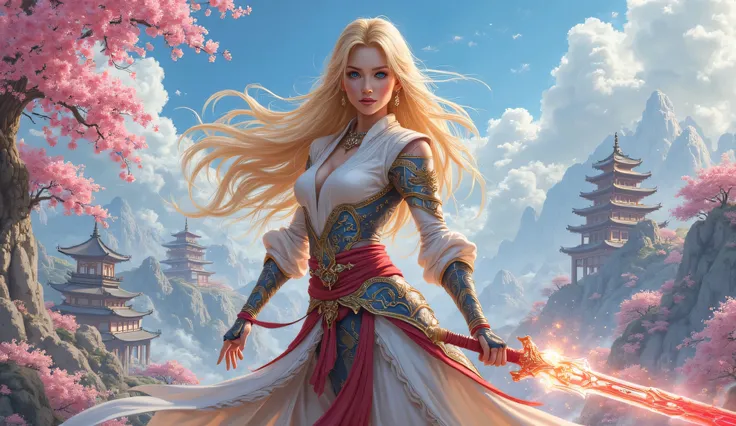 a stunning blonde female warrior. She has long, flowing golden hair and piercing blue eyes. She wears an intricately designed battle outfit that blends Eastern fantasy and martial arts aesthetics, with form-fitting armor and elegant flowing fabric. She wie...