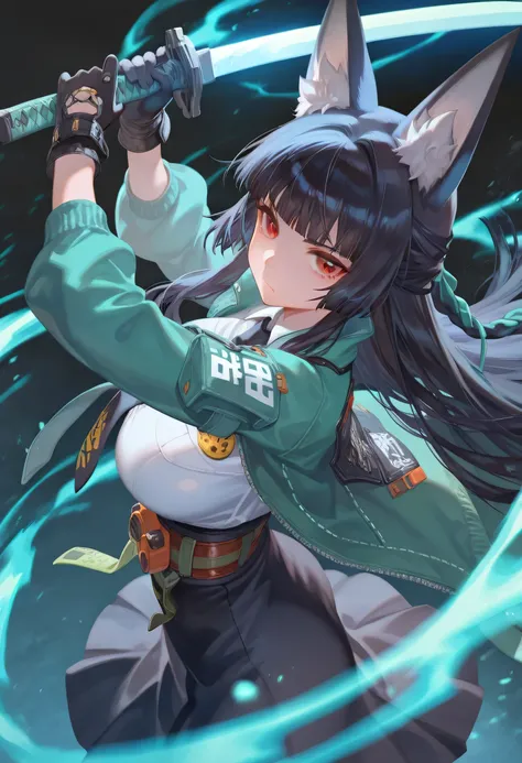 celestireal,1girl, solo, large breasts, hoshimi miyabi, zenless zone zero, rei \(sanbonzakura\), torino aqua, (ciloranko:0.9), lack, from above, from side, foreshortening, animal ear fluff, black gloves, black hair, black necktie, black skirt, blunt bangs,...