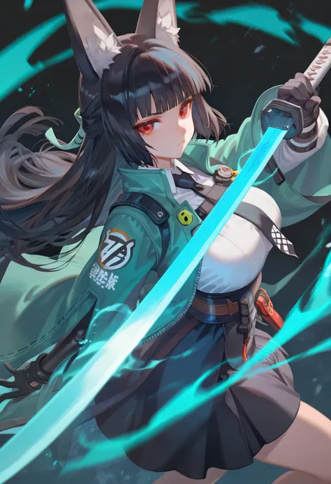 celestireal,1girl, solo, large breasts, hoshimi miyabi, zenless zone zero, rei \(sanbonzakura\), torino aqua, (ciloranko:0.9), lack, from above, from side, foreshortening, animal ear fluff, black gloves, black hair, black necktie, black skirt, blunt bangs,...