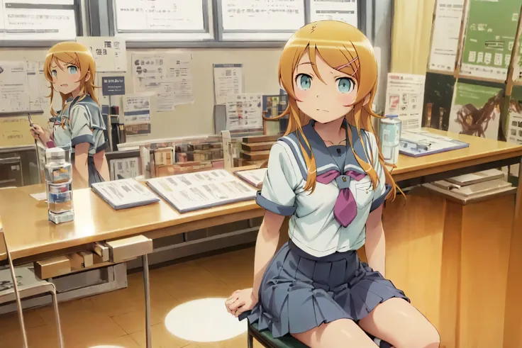 Kirino Takasaka,aakirino , long hair, hairclip, school uniform, grey sailor collar, purple neckerchief, white shirt, short sleeves, pleated skirt, grey skirt