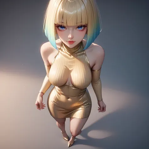 ((pastel gold hair, gradient hair ), best quality 、 Masterpiece、( professional lighting )、  surreal、( wearing high heels) ,(Nipples:0.65), Charming、 slender supermodel 、 one adult female , (full body, (Head-to-toe shot:1.4), full body shot, from front, fro...