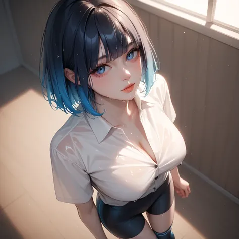 (((wet))),((pastel blue black, hair, gradient hair ), best quality 、 Masterpiece、( professional lighting without shadows )、 surreal, charming、 figure like a slender supermodel 、 One Girl , (wide shot, full body, Head-to-toe shot, (from above:1.2), from the...