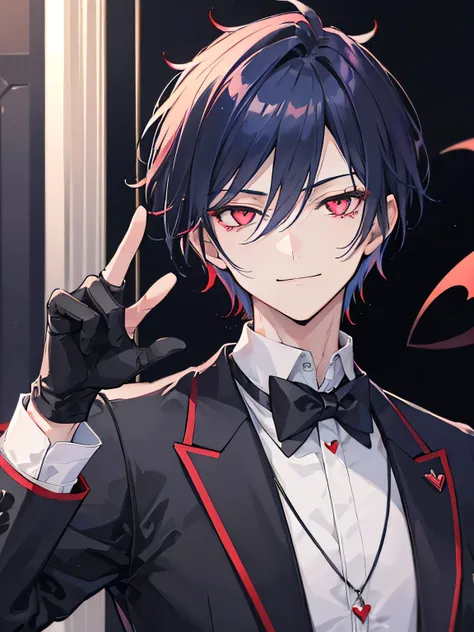 A handsome man, demon, butler, smiling, red crimson eyes color, dark blue hair color, heart eyes, short hair, take care, gentle, black gloves, cool pose, up close look at you