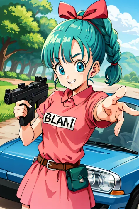 Masterpiece, top quality, Ultra Detailed, 8K, 1 girl, dragon ball, blmmid, aqua hair, medium hair, blunt bangs, red hairband, medium breasts, pink shirt, pink skirt, belt, smile:1.1, hair ribbon, braided ponytail, looking at viewer,  weapon, holding gun, A...