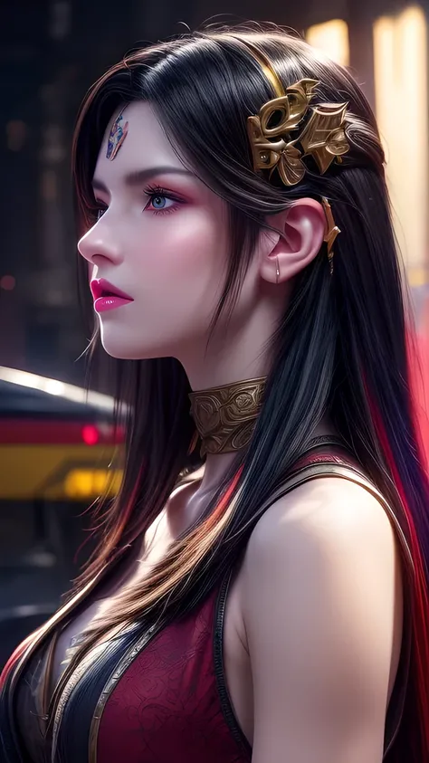 {{ masterpiece}},   Best Quality ,   extremely detailed CG uniform 8k wallpaper,  Cinematic Lighting ,  lens flare ,  pretty detailed eyes,  black,  side view,   multi-colored hair ,  colorful light,  particle, Heterochromia, ( colorful:1.5), ( colorful ha...