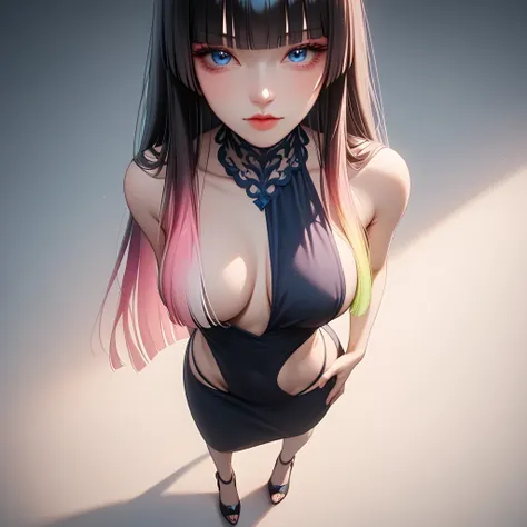 hand on own ass, ((pastel red black, hair, gradient hair), best quality 、 Masterpiece、( professional lighting )、  surreal、( wearing high heels) ,(Nipples:0.65), Charming、 slender supermodel 、 one adult female , (full body, (Head-to-toe shot:1.4), full body...