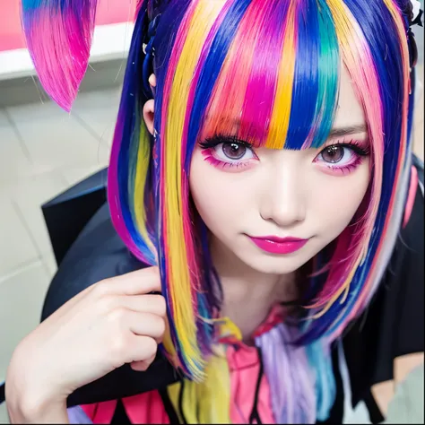 high quality, realistic、HD, realistic、8k、 masterpiece, Thorough.Impressive、 alone、 Supporters 、 Supporters 、 cutting-edge photo portrait of a woman with colorful hair gathered in a high position 、 Happy expression 、Eyes on the one you love、 yellow、 ...