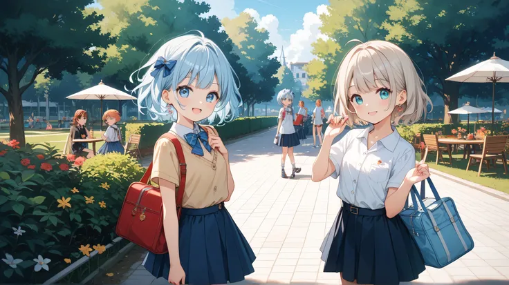 female middle school students　 short hair 　 light blue hair　 Red　cute