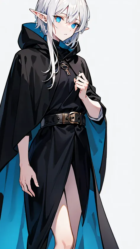  black background. Elf with white hair, bright blue eyes, in a long black cape, black clothes and in a black hood. the character looks away