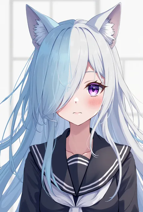 Light blue long hair on the left half，White hair on the right half， long hair，girl，black Japanese school uniform， eyes are purple ， with his right eye covered by hair ，Japanese two-dimensional style on the head，cat ears，