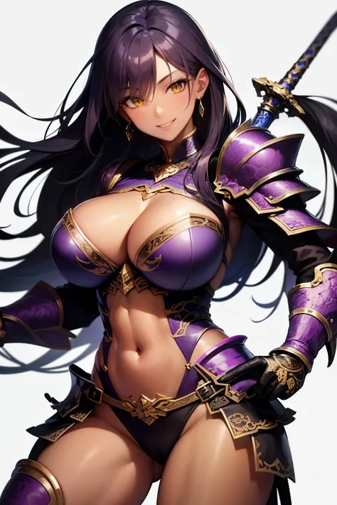 A beautiful middle-aged woman with long straight purple hair, sharp yellow eyes, smiling, dark skin, large breasts, smooth abdomen, wearing a two-piece armor with intricate patterns like a fantasy warrior, holding a large sword, posing for battle, white ba...