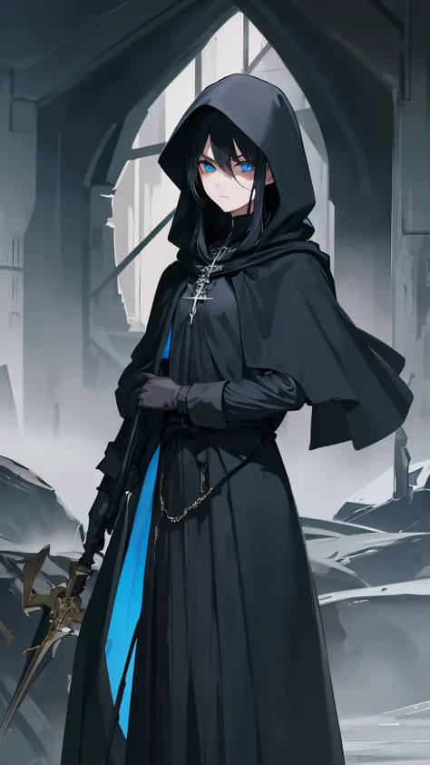 Elf with black hair, bright blue eyes.  long black cloak ,  black clothes,  black hood.  serious face