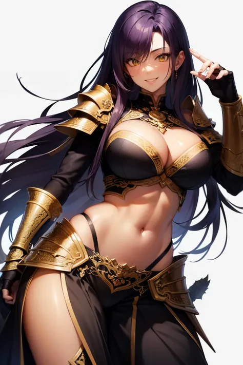 A beautiful middle-aged woman with long straight purple hair, sharp yellow eyes, smiling, dark skin, large breasts, smooth abdomen, wearing a two-piece armor with intricate black and gold patterns like a fantasy warrior, posing for battle, white background...