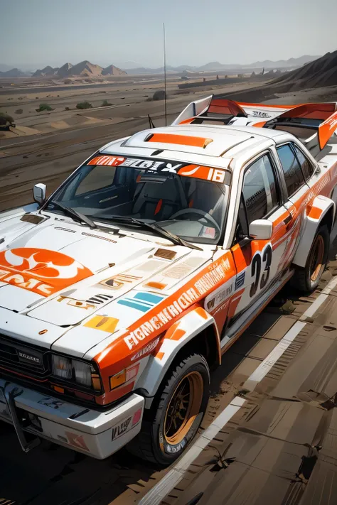 rally car, aggresive bodywork, sponsorship decals, heavy aerodynamics, big wing, manouvre, desert, off road