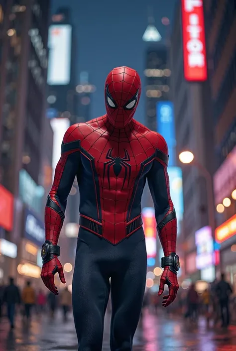 Spider-Man walking through the city at night、Equipped with innovative new technology