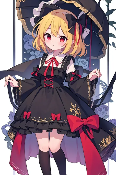 detailed background, masterpiece, TOP QUALITY, Expressive、full body、１Alone、１By people、１Only people、only girl、Flanders Scarlett, ,  third-tailed yellow hair 、 red eyes、 Gold、Short Hair、 short hair、about the age of a female college student、Touhou Project、Cos...