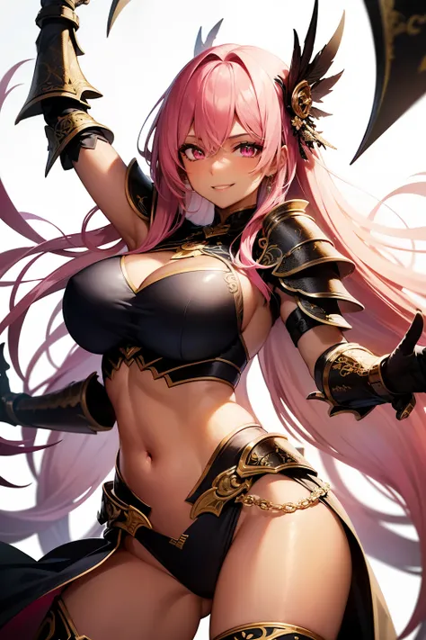 A beautiful middle-aged woman with long straight pink hair, sharp pink eyes, smiling, dark skin, large breasts, smooth abdomen, wearing a two-piece armor with intricate black and gold patterns like a fantasy warrior, posing for battle, white background.