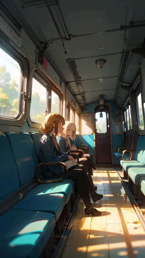 “A small, rural train with old-fashioned seats and large windows, traveling through fields and forests as the sun begins to set. Three high school friends sit together in quiet contemplation, each lost in their thoughts while gazing out at the passing coun...